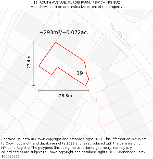 19, ROUTH AVENUE, PURDIS FARM, IPSWICH, IP3 8UZ: Plot and title map