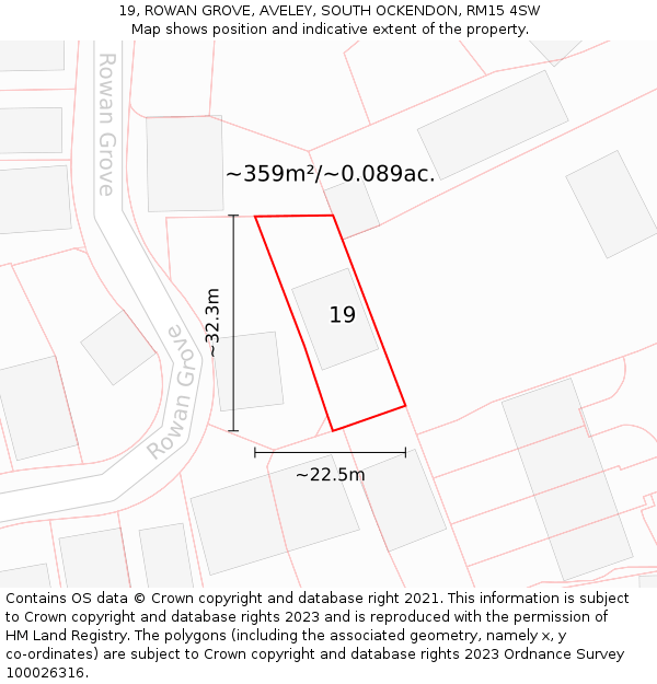 19, ROWAN GROVE, AVELEY, SOUTH OCKENDON, RM15 4SW: Plot and title map