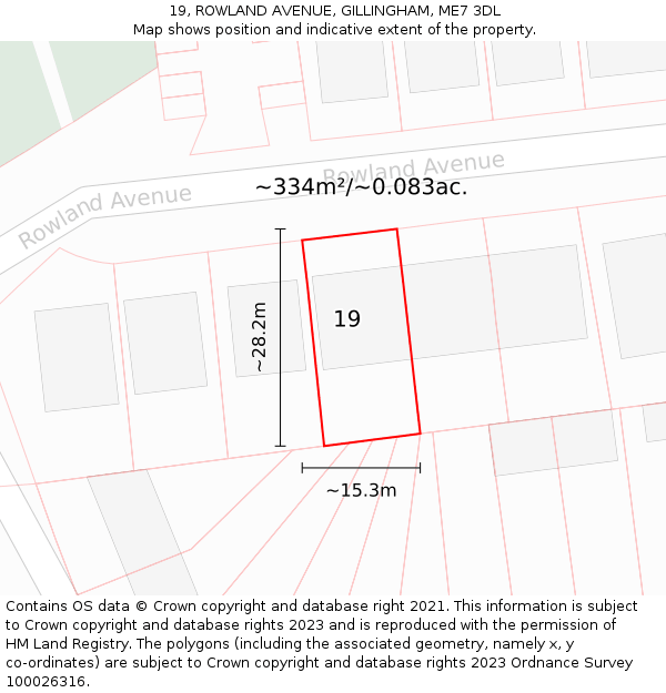 19, ROWLAND AVENUE, GILLINGHAM, ME7 3DL: Plot and title map