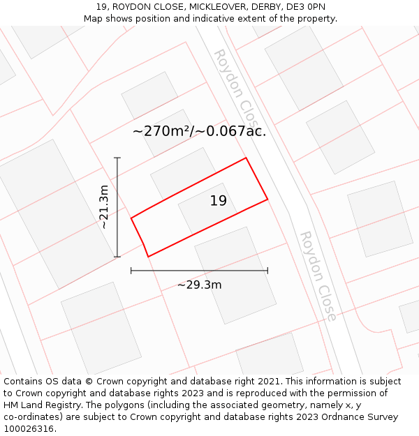 19, ROYDON CLOSE, MICKLEOVER, DERBY, DE3 0PN: Plot and title map