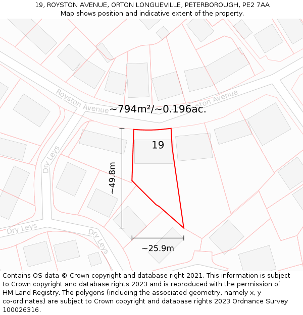 19, ROYSTON AVENUE, ORTON LONGUEVILLE, PETERBOROUGH, PE2 7AA: Plot and title map