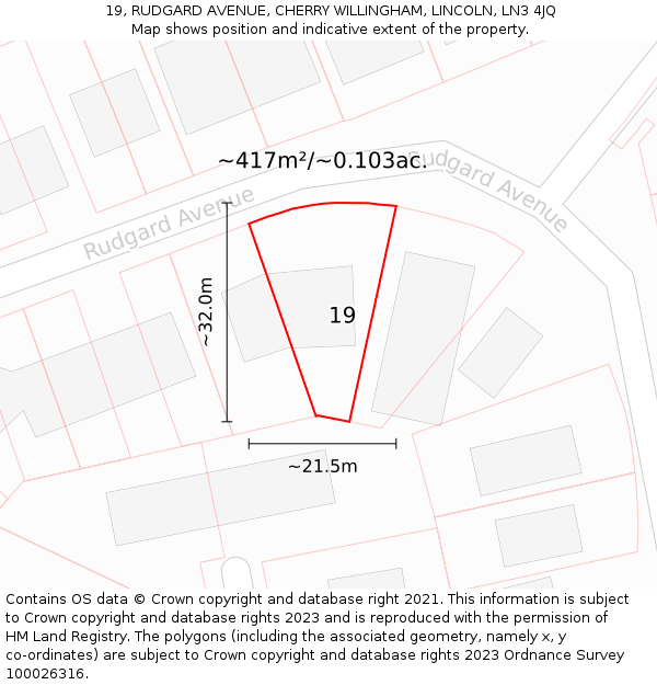 19, RUDGARD AVENUE, CHERRY WILLINGHAM, LINCOLN, LN3 4JQ: Plot and title map