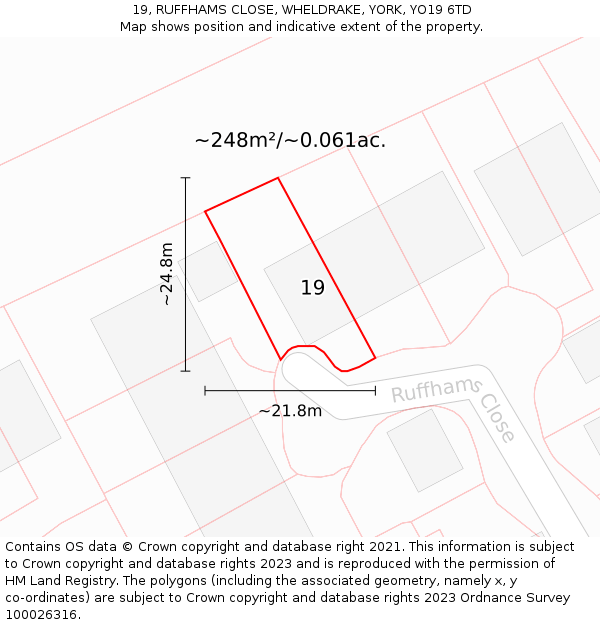 19, RUFFHAMS CLOSE, WHELDRAKE, YORK, YO19 6TD: Plot and title map