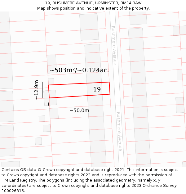 19, RUSHMERE AVENUE, UPMINSTER, RM14 3AW: Plot and title map