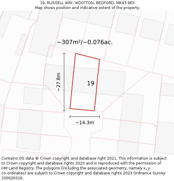 19, RUSSELL WAY, WOOTTON, BEDFORD, MK43 9EX: Plot and title map