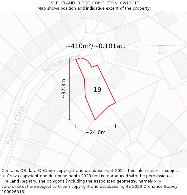 19, RUTLAND CLOSE, CONGLETON, CW12 1LT: Plot and title map