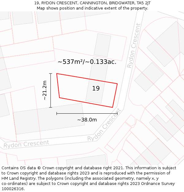 19, RYDON CRESCENT, CANNINGTON, BRIDGWATER, TA5 2JT: Plot and title map