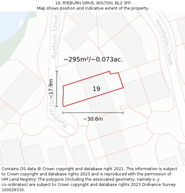 19, RYEBURN DRIVE, BOLTON, BL2 3FP: Plot and title map