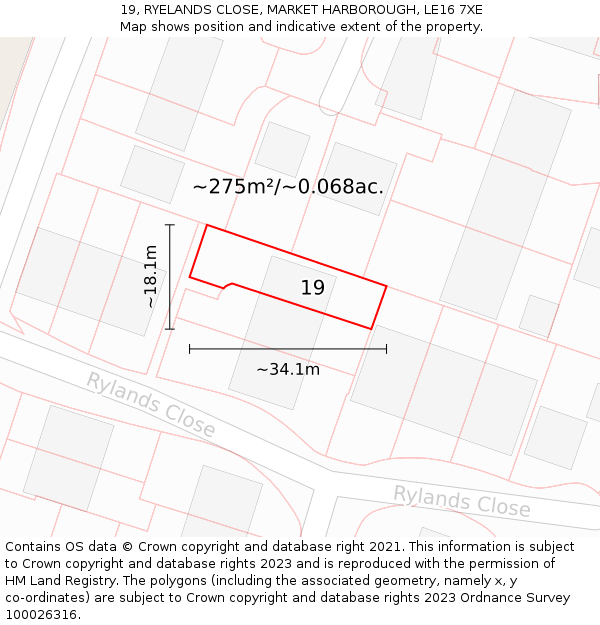 19, RYELANDS CLOSE, MARKET HARBOROUGH, LE16 7XE: Plot and title map