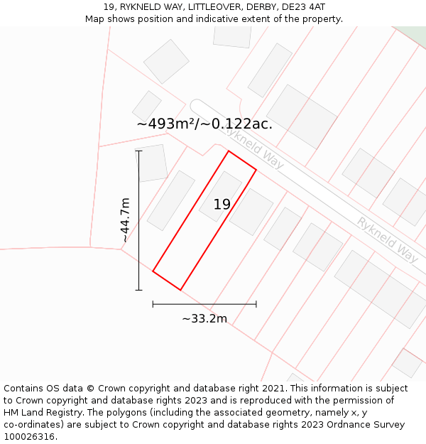 19, RYKNELD WAY, LITTLEOVER, DERBY, DE23 4AT: Plot and title map