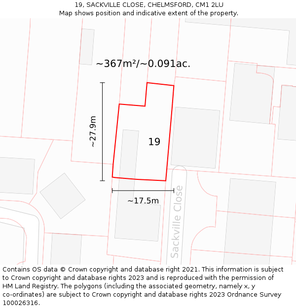 19, SACKVILLE CLOSE, CHELMSFORD, CM1 2LU: Plot and title map