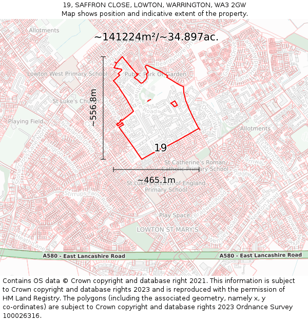 19, SAFFRON CLOSE, LOWTON, WARRINGTON, WA3 2GW: Plot and title map