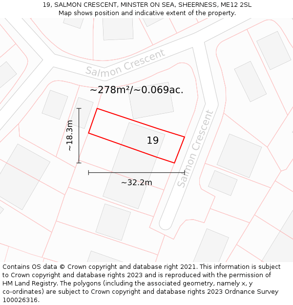 19, SALMON CRESCENT, MINSTER ON SEA, SHEERNESS, ME12 2SL: Plot and title map