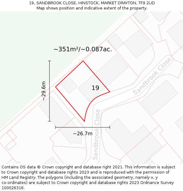 19, SANDBROOK CLOSE, HINSTOCK, MARKET DRAYTON, TF9 2UD: Plot and title map