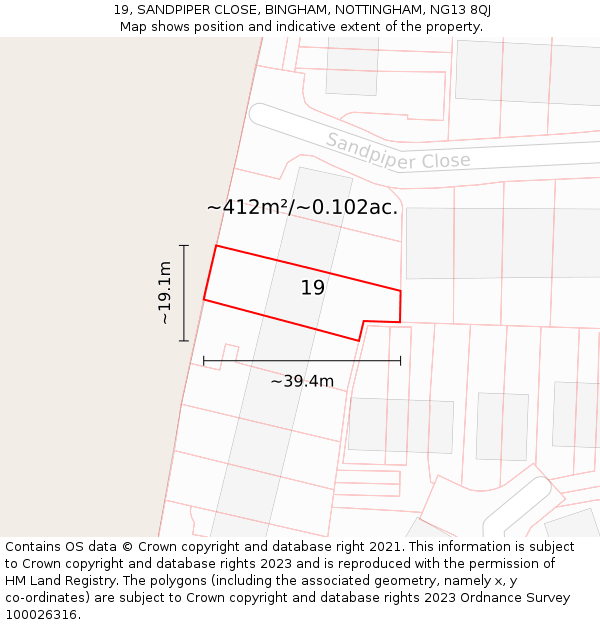 19, SANDPIPER CLOSE, BINGHAM, NOTTINGHAM, NG13 8QJ: Plot and title map