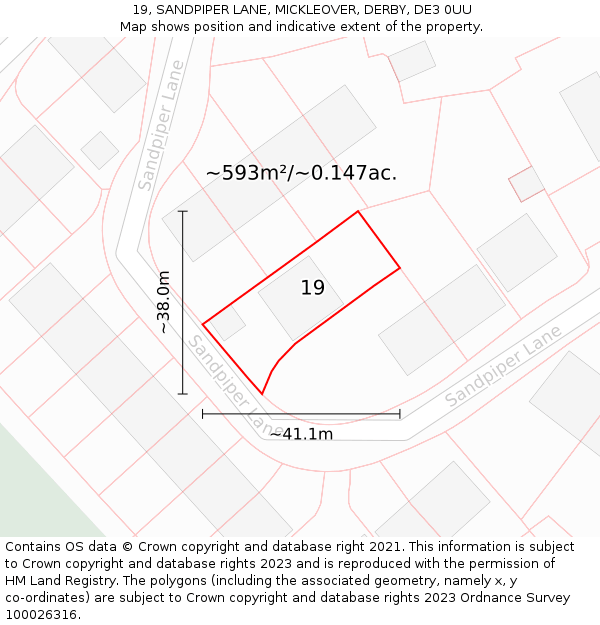 19, SANDPIPER LANE, MICKLEOVER, DERBY, DE3 0UU: Plot and title map