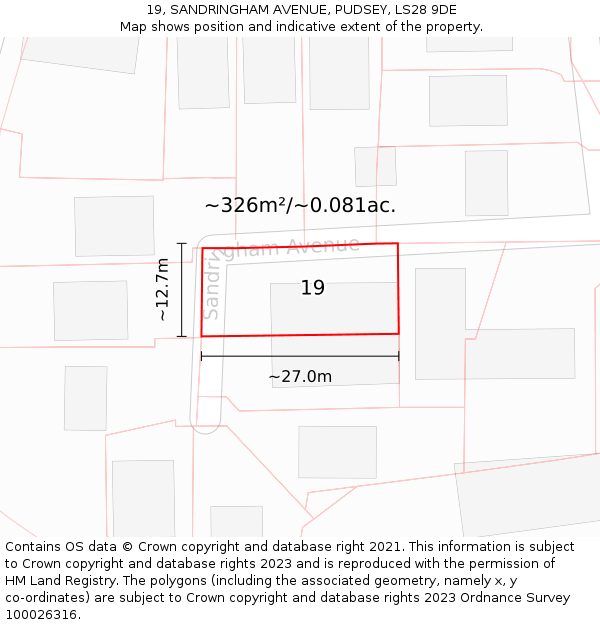 19, SANDRINGHAM AVENUE, PUDSEY, LS28 9DE: Plot and title map