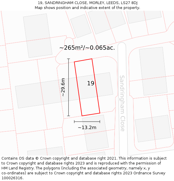 19, SANDRINGHAM CLOSE, MORLEY, LEEDS, LS27 8DJ: Plot and title map