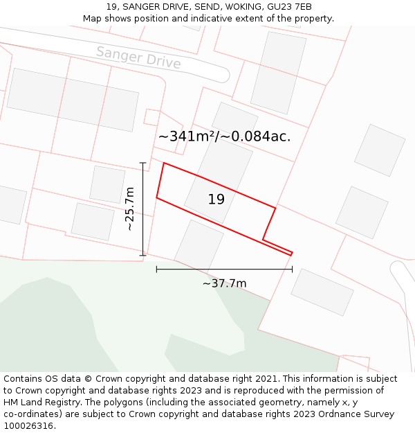 19, SANGER DRIVE, SEND, WOKING, GU23 7EB: Plot and title map