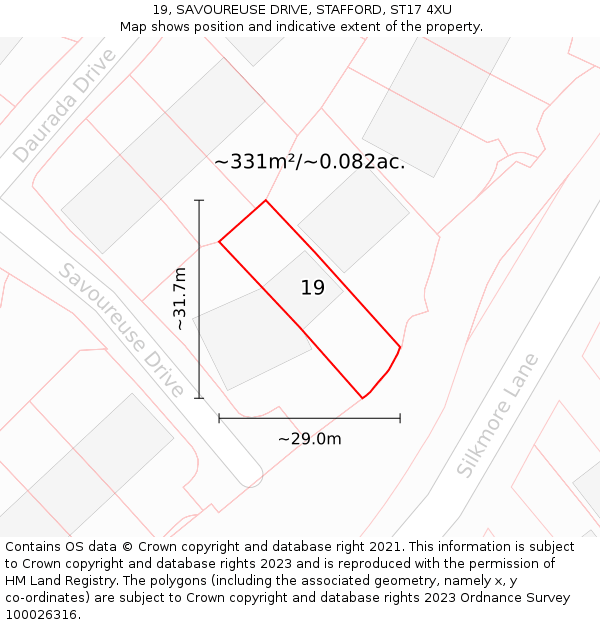 19, SAVOUREUSE DRIVE, STAFFORD, ST17 4XU: Plot and title map