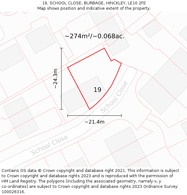 19, SCHOOL CLOSE, BURBAGE, HINCKLEY, LE10 2FE: Plot and title map