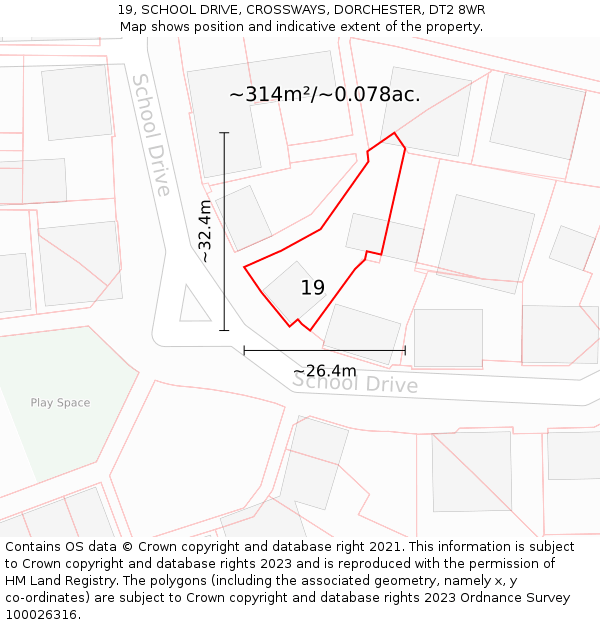 19, SCHOOL DRIVE, CROSSWAYS, DORCHESTER, DT2 8WR: Plot and title map