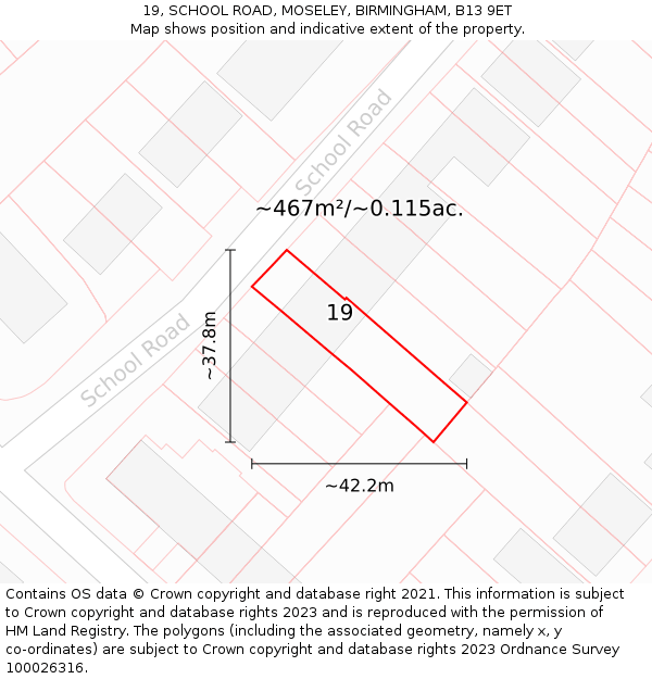 19, SCHOOL ROAD, MOSELEY, BIRMINGHAM, B13 9ET: Plot and title map