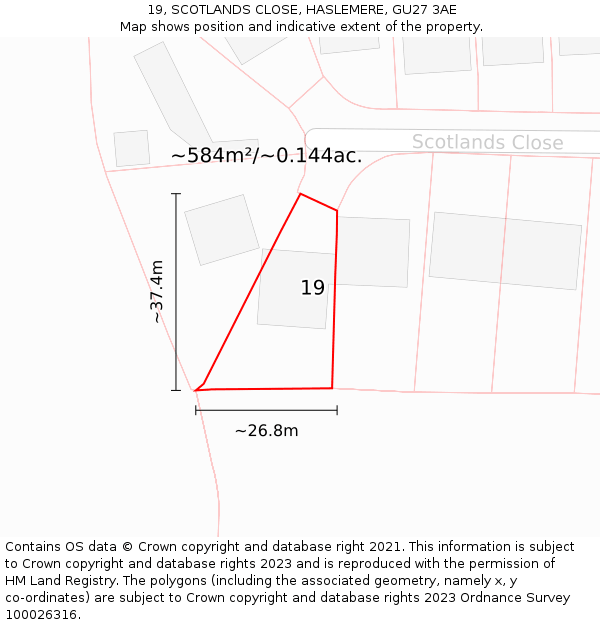 19, SCOTLANDS CLOSE, HASLEMERE, GU27 3AE: Plot and title map