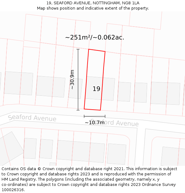 19, SEAFORD AVENUE, NOTTINGHAM, NG8 1LA: Plot and title map
