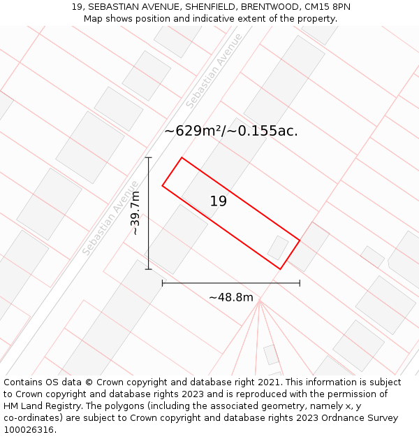 19, SEBASTIAN AVENUE, SHENFIELD, BRENTWOOD, CM15 8PN: Plot and title map