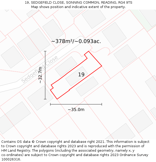 19, SEDGEFIELD CLOSE, SONNING COMMON, READING, RG4 9TS: Plot and title map