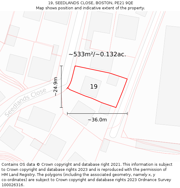 19, SEEDLANDS CLOSE, BOSTON, PE21 9QE: Plot and title map