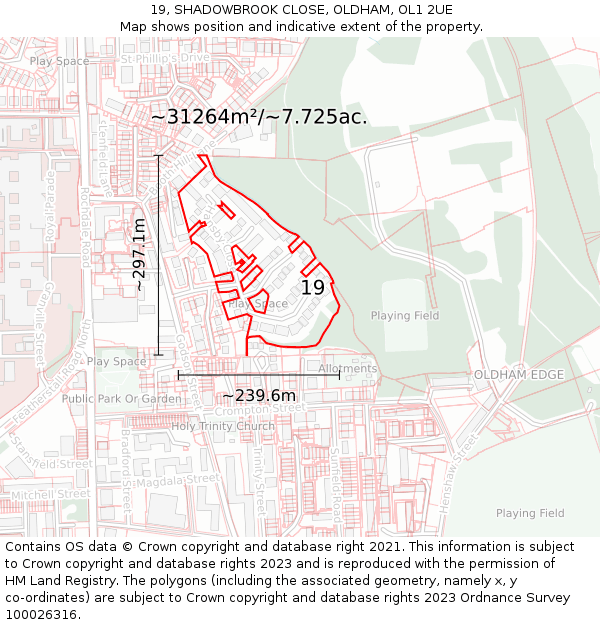 19, SHADOWBROOK CLOSE, OLDHAM, OL1 2UE: Plot and title map