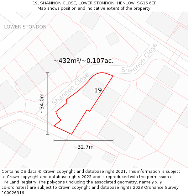 19, SHANNON CLOSE, LOWER STONDON, HENLOW, SG16 6EF: Plot and title map