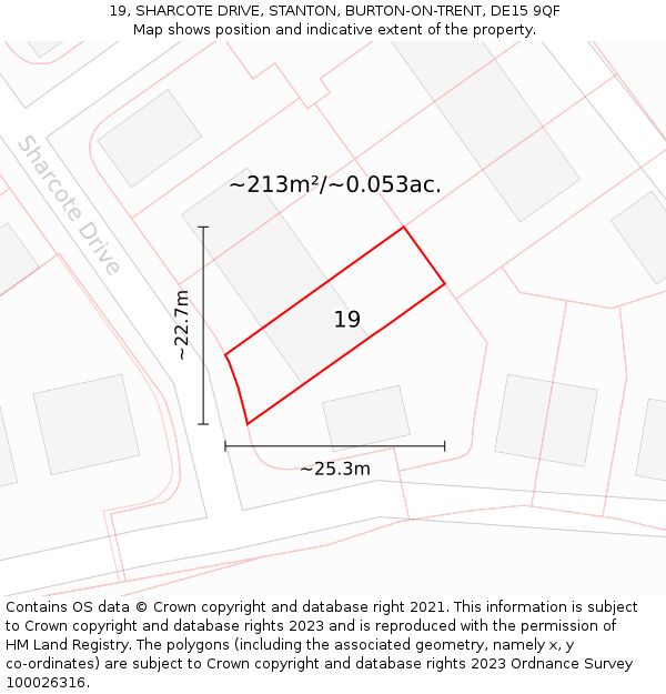 19, SHARCOTE DRIVE, STANTON, BURTON-ON-TRENT, DE15 9QF: Plot and title map