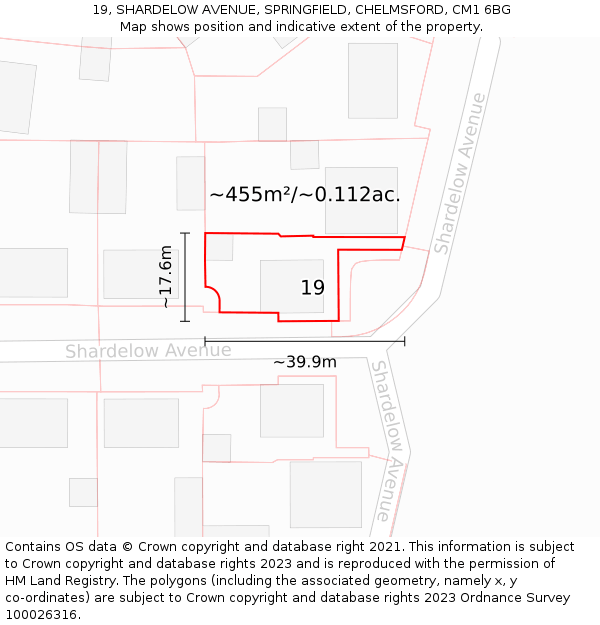 19, SHARDELOW AVENUE, SPRINGFIELD, CHELMSFORD, CM1 6BG: Plot and title map