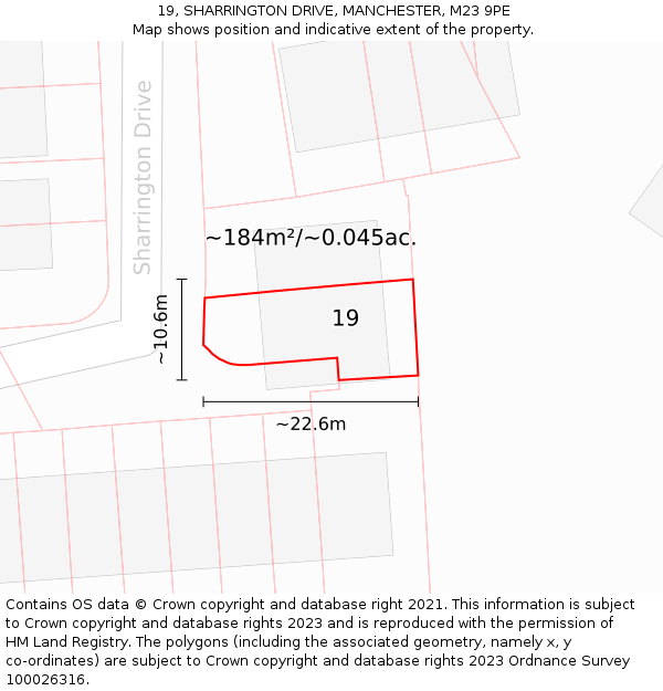 19, SHARRINGTON DRIVE, MANCHESTER, M23 9PE: Plot and title map