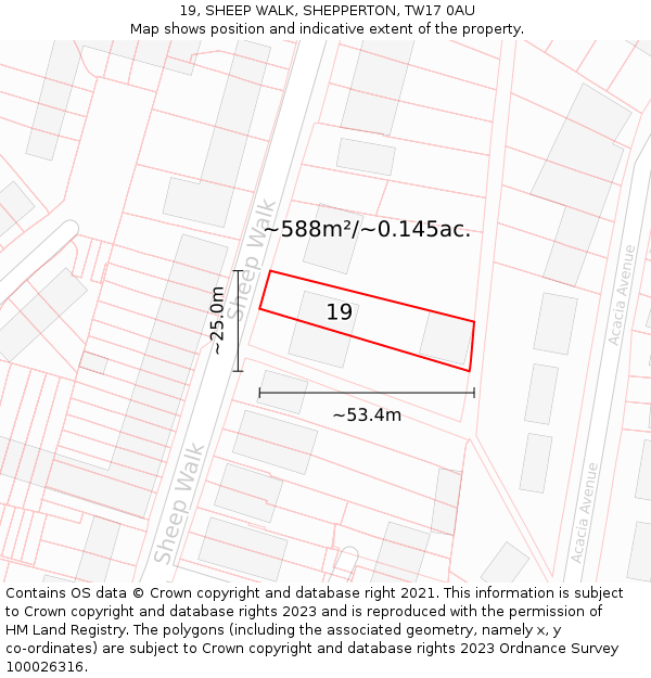 19, SHEEP WALK, SHEPPERTON, TW17 0AU: Plot and title map