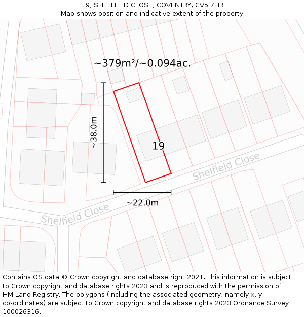 19, SHELFIELD CLOSE, COVENTRY, CV5 7HR: Plot and title map