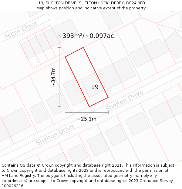 19, SHELTON DRIVE, SHELTON LOCK, DERBY, DE24 9FB: Plot and title map