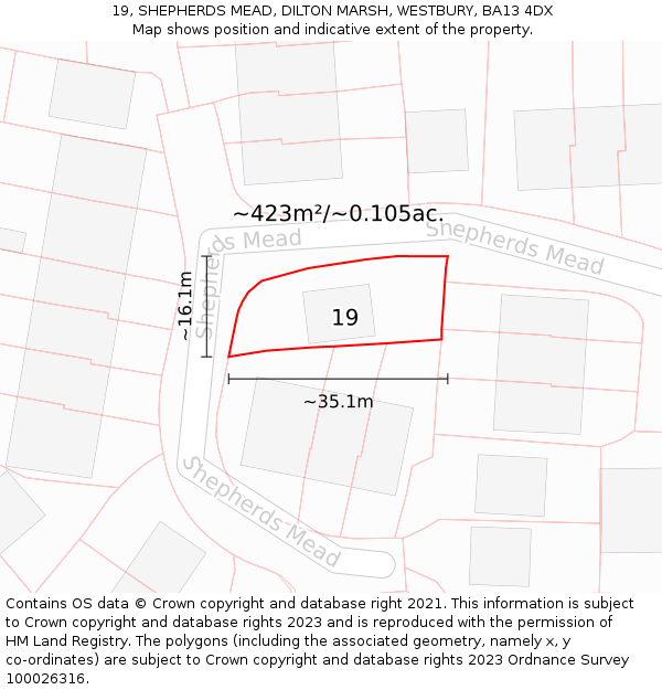 19, SHEPHERDS MEAD, DILTON MARSH, WESTBURY, BA13 4DX: Plot and title map