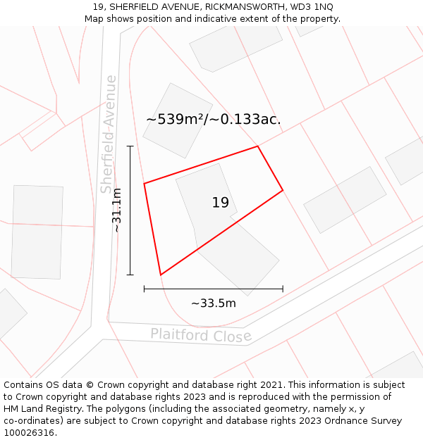 19, SHERFIELD AVENUE, RICKMANSWORTH, WD3 1NQ: Plot and title map