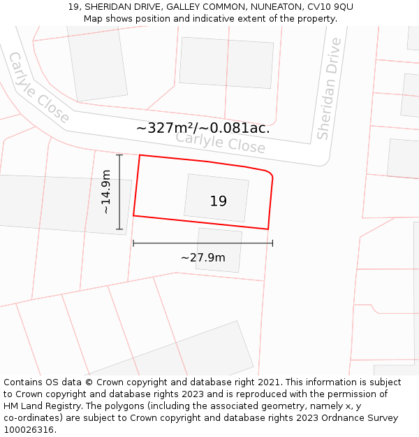 19, SHERIDAN DRIVE, GALLEY COMMON, NUNEATON, CV10 9QU: Plot and title map