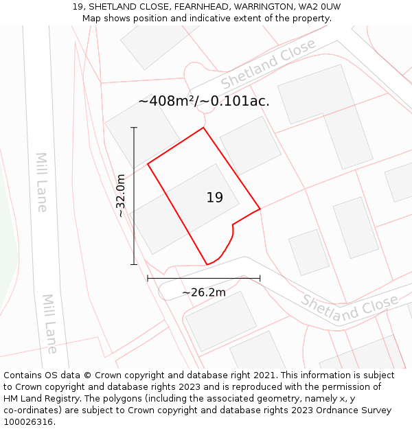 19, SHETLAND CLOSE, FEARNHEAD, WARRINGTON, WA2 0UW: Plot and title map