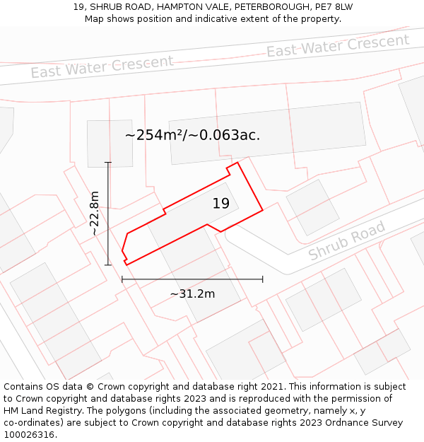 19, SHRUB ROAD, HAMPTON VALE, PETERBOROUGH, PE7 8LW: Plot and title map