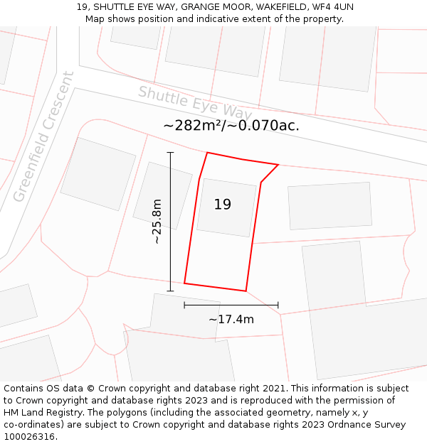 19, SHUTTLE EYE WAY, GRANGE MOOR, WAKEFIELD, WF4 4UN: Plot and title map