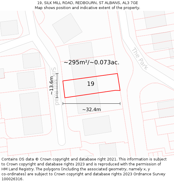 19, SILK MILL ROAD, REDBOURN, ST ALBANS, AL3 7GE: Plot and title map