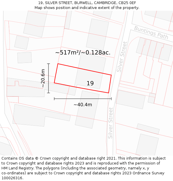 19, SILVER STREET, BURWELL, CAMBRIDGE, CB25 0EF: Plot and title map