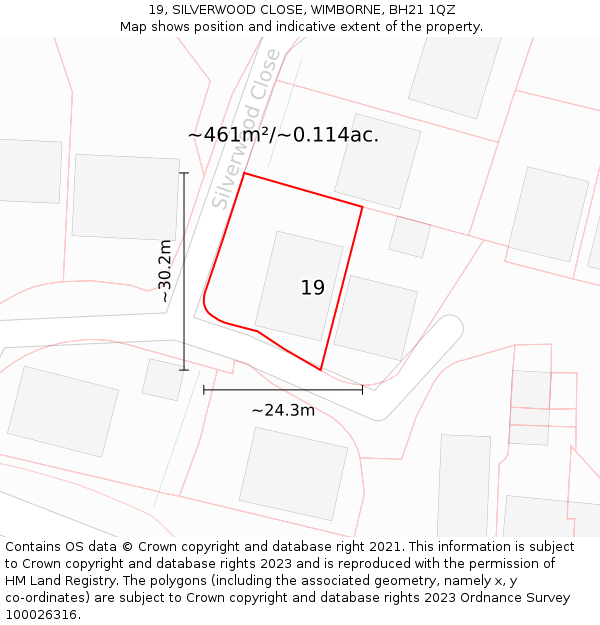 19, SILVERWOOD CLOSE, WIMBORNE, BH21 1QZ: Plot and title map