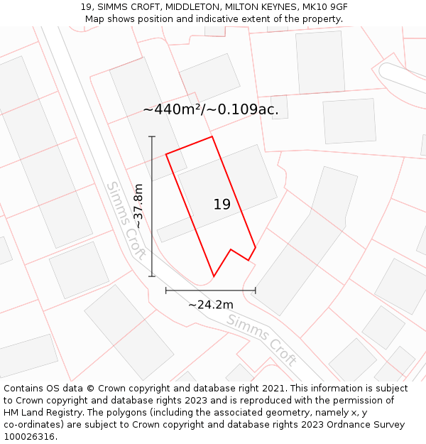 19, SIMMS CROFT, MIDDLETON, MILTON KEYNES, MK10 9GF: Plot and title map